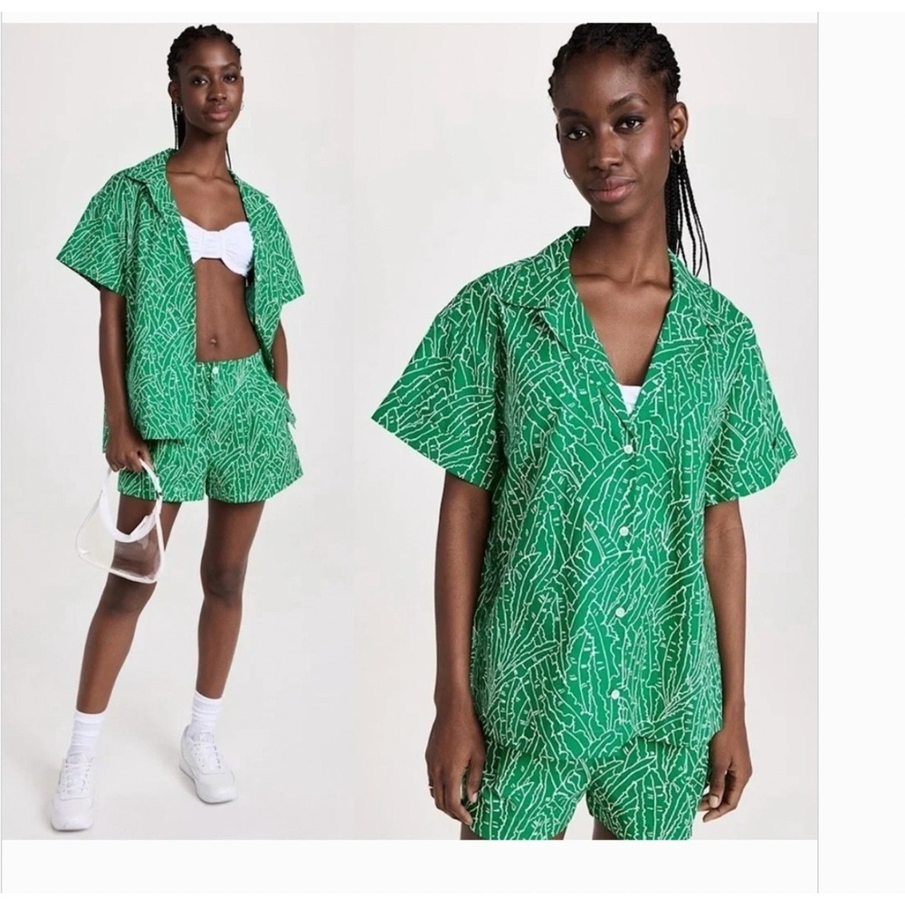 STAUD Channing Top Green Palm Print Cotton Short Sleeve Button Down Shirt XS NEW
